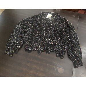 POL Distressed Women's Confetti Sweater Small Black Knit Cropped Long Sleeve NWT